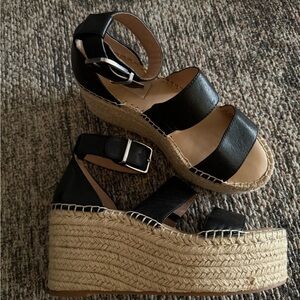 ANTONIO MELANI Black Leather Espadrille Wedges